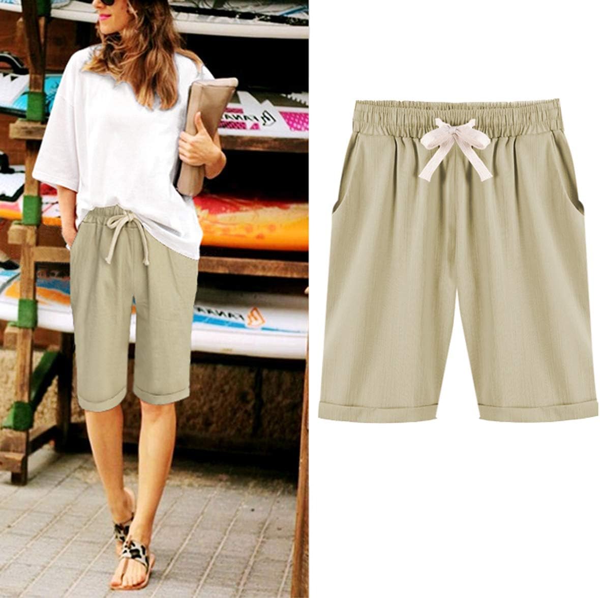 Women's Casual Elastic Waist Comfy Curling Knee Length Bermuda Shorts with Drawstring - Image 2