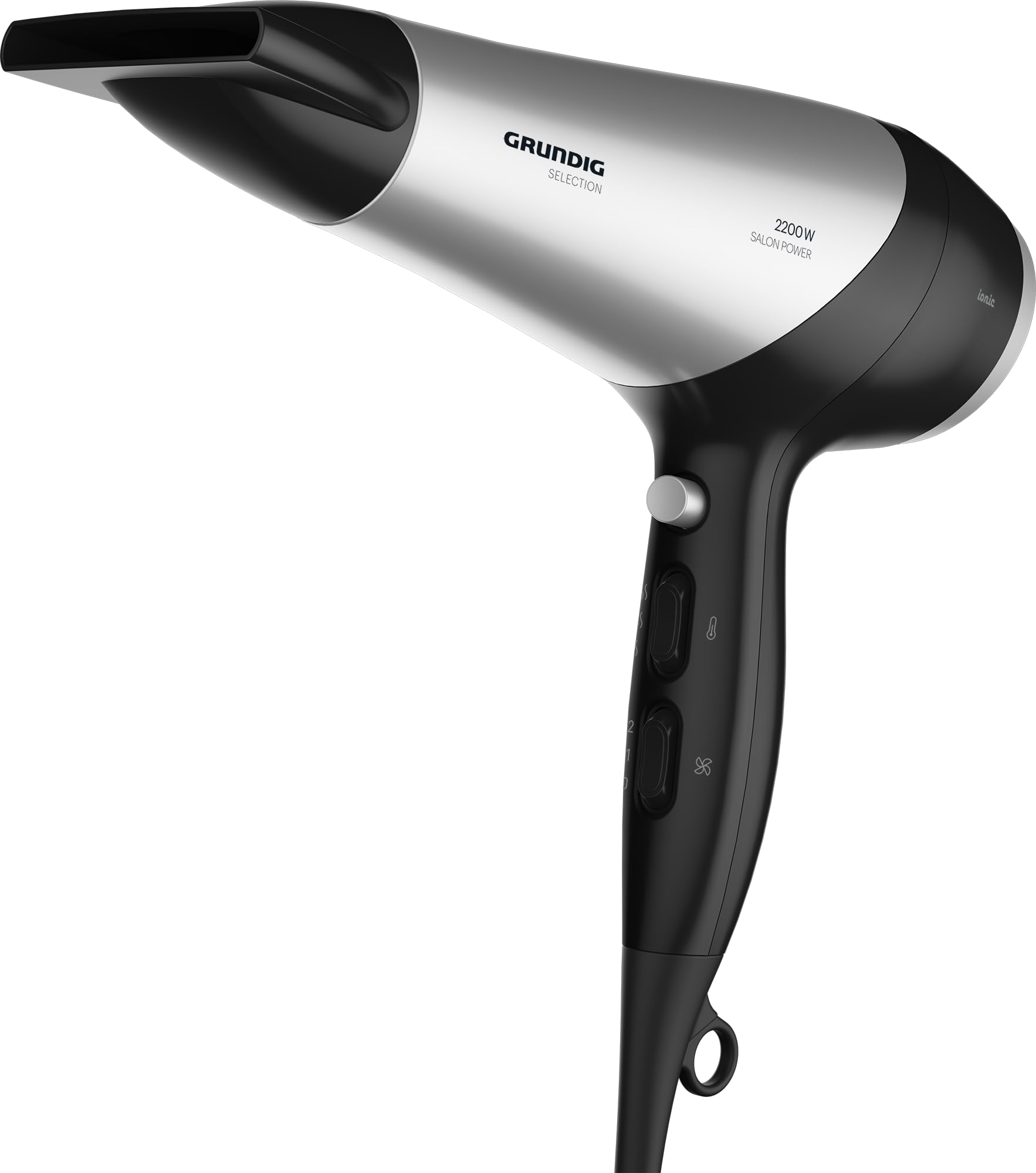 GRUNDIG HD 6080 B suszarka do włosów, 2200 W, funkcja joniki, 3 poziomy temperatury i 2 poziomy przepływu powietrza, poziom zimna, powłoka ceramiczna, kabel 1,8 m, czarny/srebrny