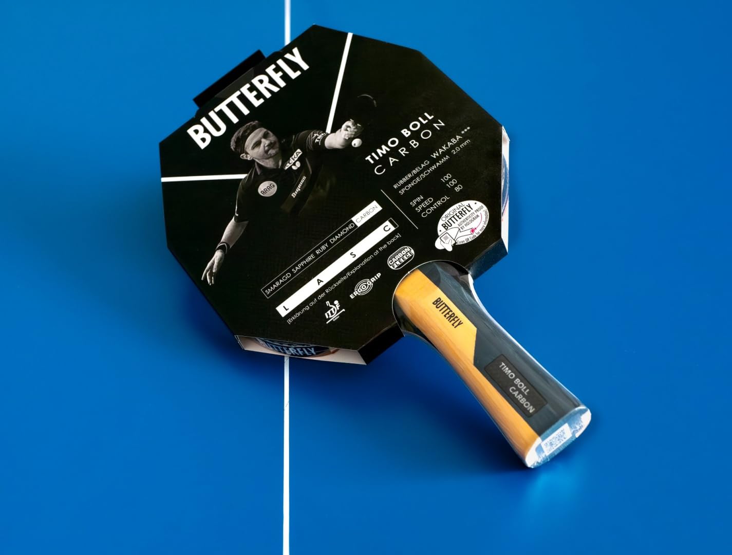 Butterfly Timo Boll Carbon rakieta do tenisa stołowego, certyfikowana przez ITTF okładzina Wakaba na zawody, gąbka 2,0 mm, dla wytrenowanych profesjonalnych graczy klubowych