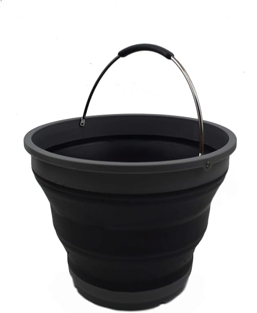 SAMMART 10L Collapsible Plastic Bucket - Foldable Round Tub - Portable Fishing Water Pail - Space Saving Outdoor Waterpot, (Grey/Black)