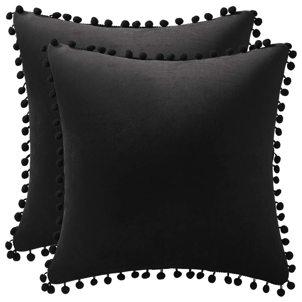DEZENE Decorative Pillow Covers 20x20 Black: 2 Pack Cozy Soft Pom-poms Velvet Square Throw Pillow Cases for Farmhouse Home Decor