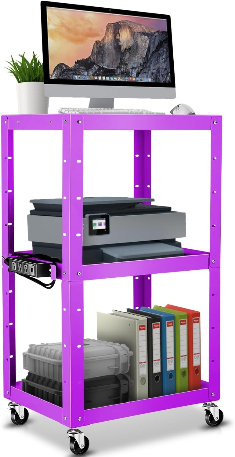 Auto Dynasty Height Adjustable AV Presentation Cart with Power Strip, Rolling Storage AV Carts for Video Projector, TV, Printers, Laptop Computers, 4 Wheels, 4' Cord, 3 Outlets, 2 USB Ports (Purple)