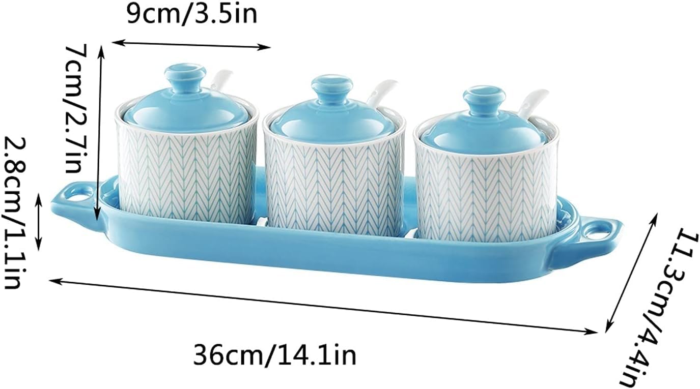 Pots à épices, Ensemble de 3 boîtes à épices en céramique avec couvercle, cuillère, plateau, assaisonnement, sucre et sel(B)