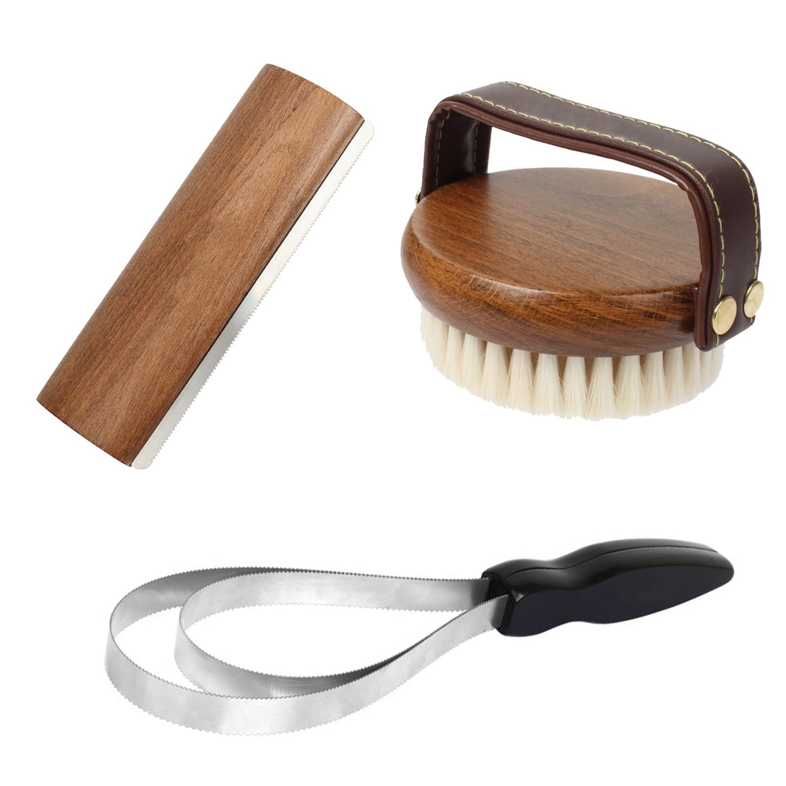 Kit de aseo de caballos, juego de 3 piezas de madera maciza con raspadores de sudor y cepillo para limpieza y cuidado de equinos