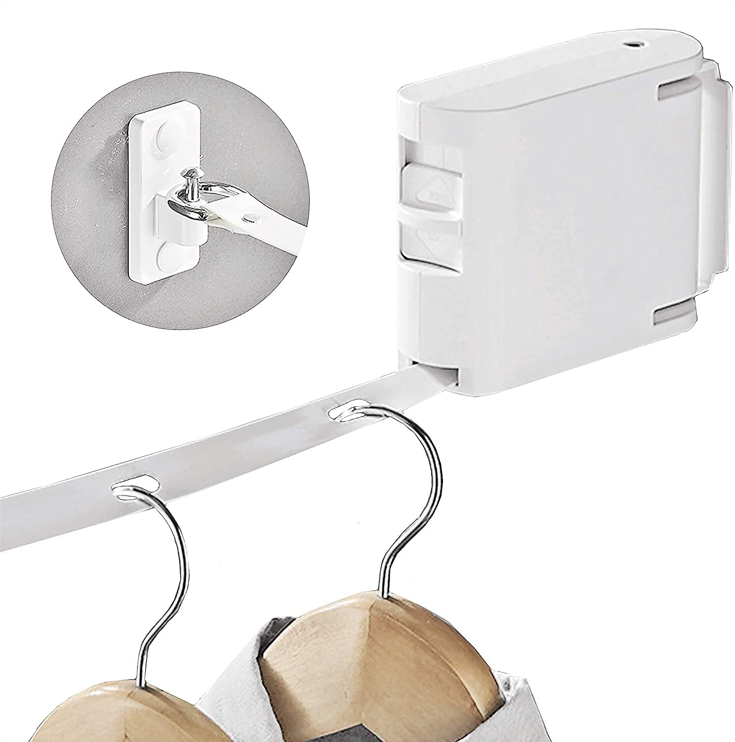 KASTWAVE Heavy Duty Retractable Clothesline for Indoor/Outdoor Use - Adjustable Drying Rope with Self-Adhesive Wall Mount and 29 Windproof Hanging Holes - White