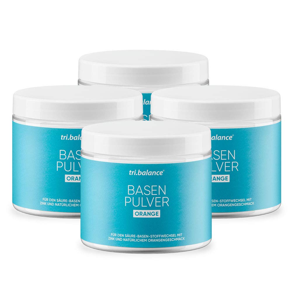 tri.balance Basenpulver ORANGE 4er-Pack 1200 g – Orangengeschmack, vegan | Mit Zink für den normalen Säure-Basen-Stoffwechsel, natürlicher Orangengeschmack, vegan, ca. 216 Portionen