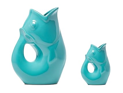 Gurgle Pot Fish Pitcher - Set of 2, French Inspired Design, Large Pitcher 42 oz. with matching Creamer, Aqua, the perfect Indoor or outdoor tableware, 42 Fluid Ounces and 3 Fluid Ounces