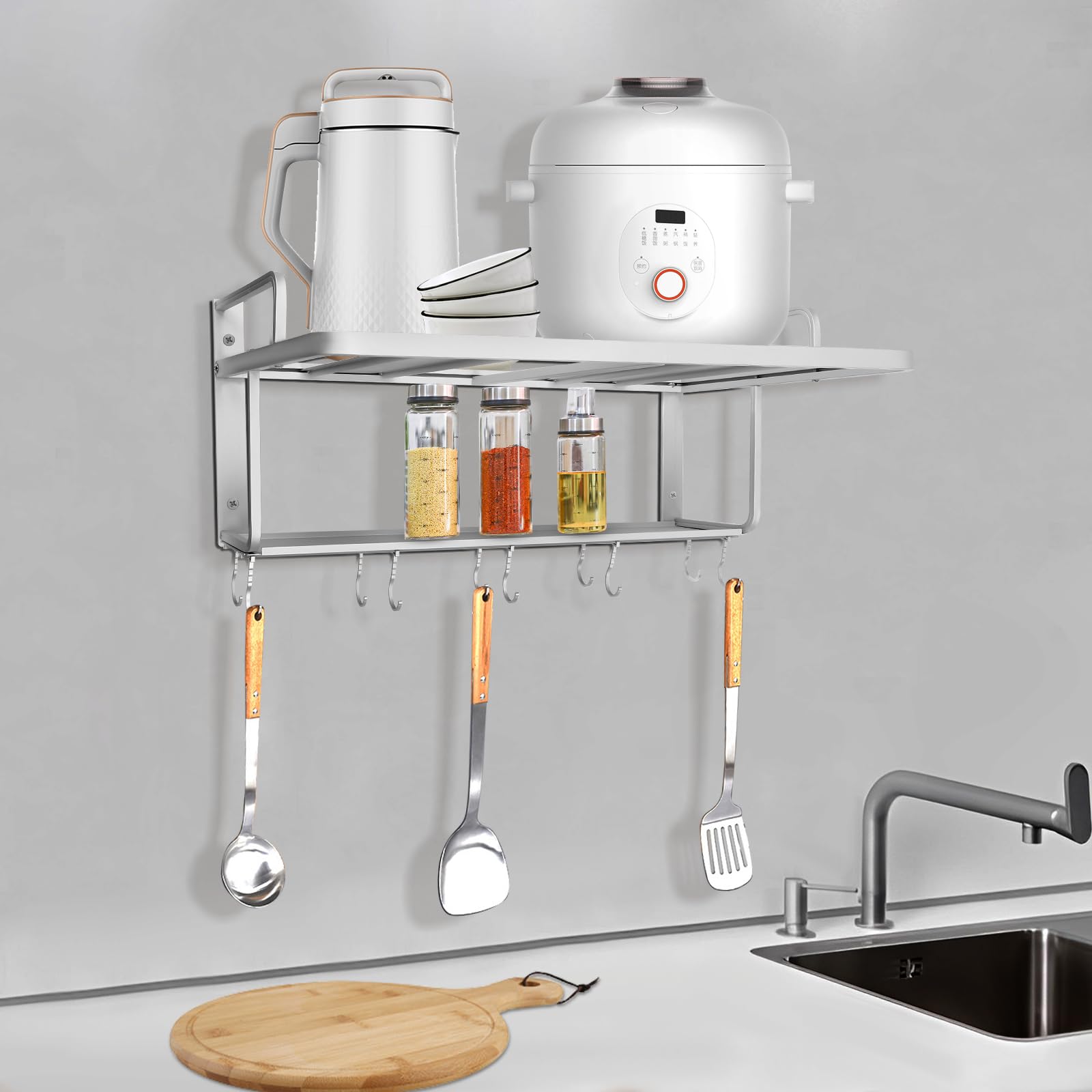 Estantería para microondas, 55 x 38 cm, soporte para microondas, 2 estantes extraíbles, estantería de cocina equipada con 10 ganchos de actividad, soporte para microondas, capacidad de carga
