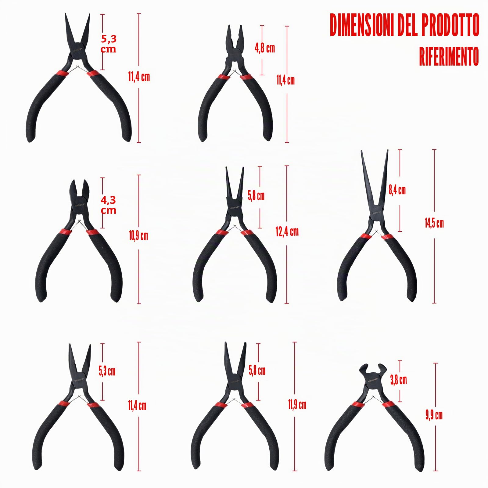 WISEUP Set di 8 mini pinze, ago, rotondo, piatto, lungo, a becco curvo, diagonale, per taglio finale e guardalinee per artigianato, elettronica e creazione di gioielli, con custodia