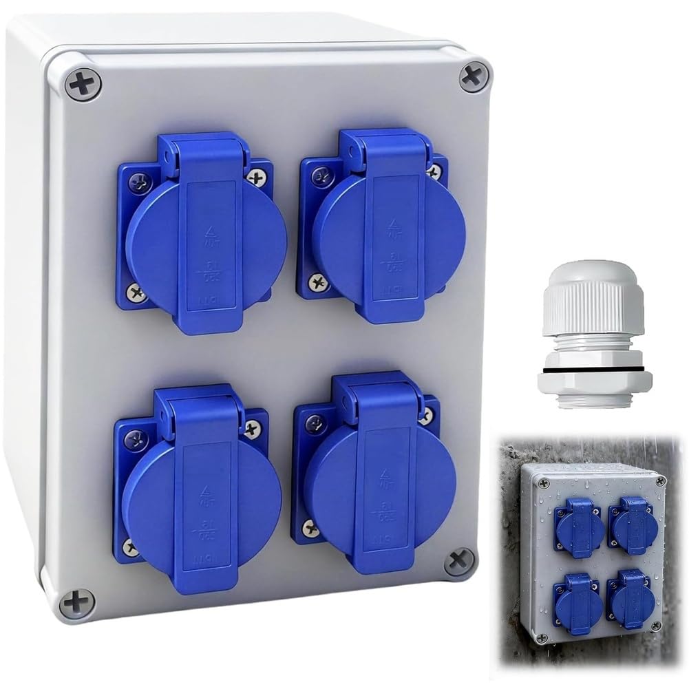 Xnuiasqe Wall Distributor for Construction Sites, IP44 -Mounted Schuko with 4 X 230 V 16 A Sockets