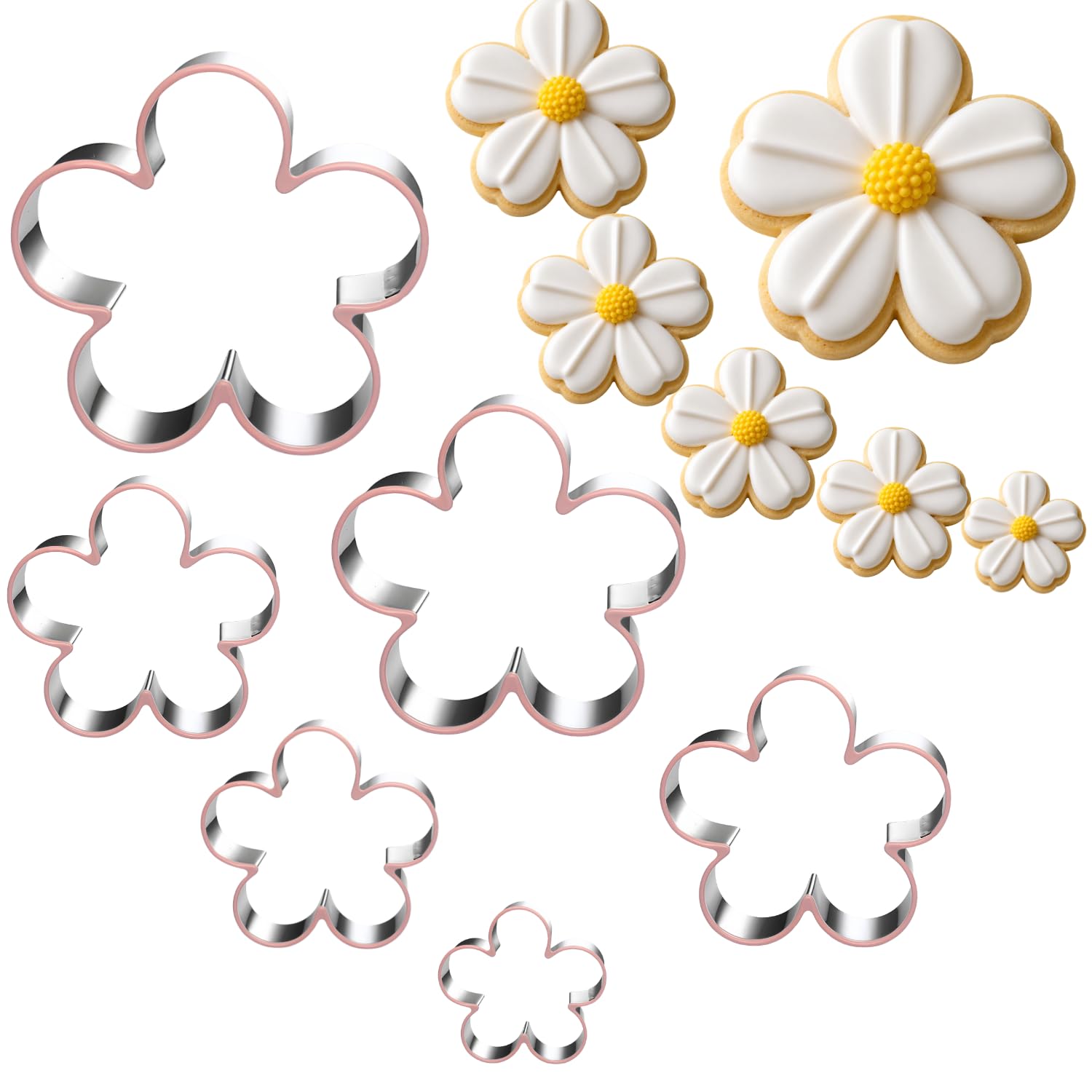 Juego de 6 cortadores de galletas de flores de cinco pétalos, 4, 3, 3, 2.5, 1.8 y 1 pulgada, aptos para lavavajillas, cortadores de galletas para hornear