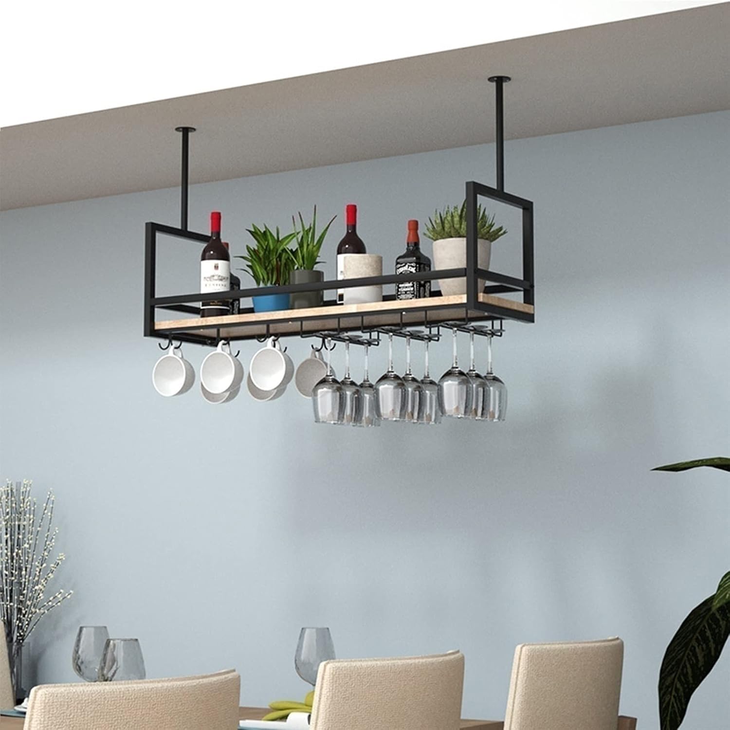 Ceiling Hanging Wine Glass Holder - Ceiling Shelf, Metal Ceiling Hanging Wine Rack, Multifunctional Wrought Iron Solid Wood Ceiling Rack, Hanging Display Rack for Bar/Kitchen (Color