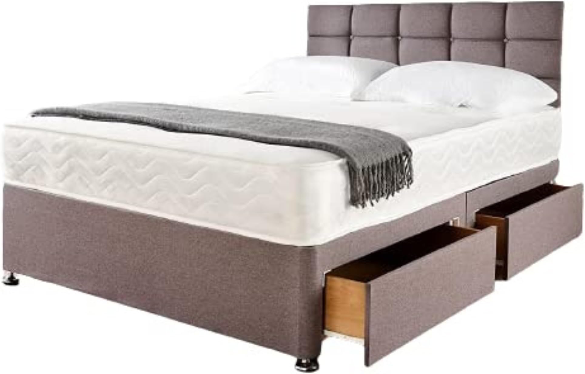 Grey Linen Look Divan Double Bed Frame with 20'' Cubic Headboard & 2 Storage Drawers | Double Bed with Mattress Included Spring Memory Foam | Bedroom Furniture Set