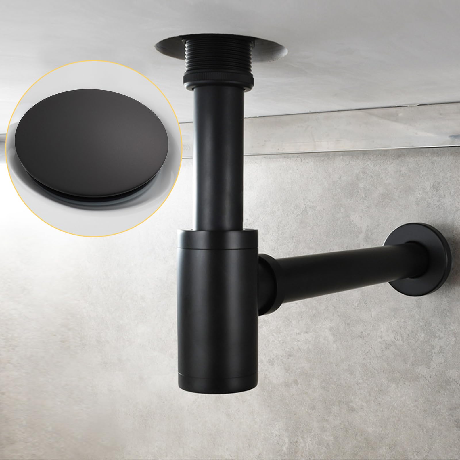 Design Siphon Waschbecken mit Ablaufgarnitur mit Überlauf, Universal Röhrensiphon Abflussrohr und Ablaufventil Pop Up, Messing Syphon Sifon Pop Up Abflussgarnitur Abfluss Waschtisch Bad Schwarz (C)