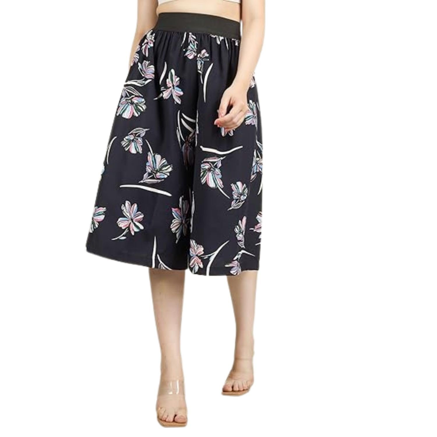 Women's Floral Print Culottes, Navy Blue, Wide Leg, Elastic Waistband, Knee Length-picture-15