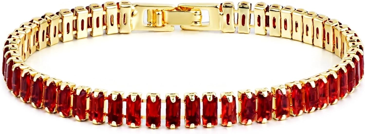 Baguette Tennis Bracelet for Women, 5mm Cubic Zirconia Bracelet | 14K Gold Plated, Multicolors Available, Stackable, Rectangle Crystal Prom Jewelry, Gift Box Included