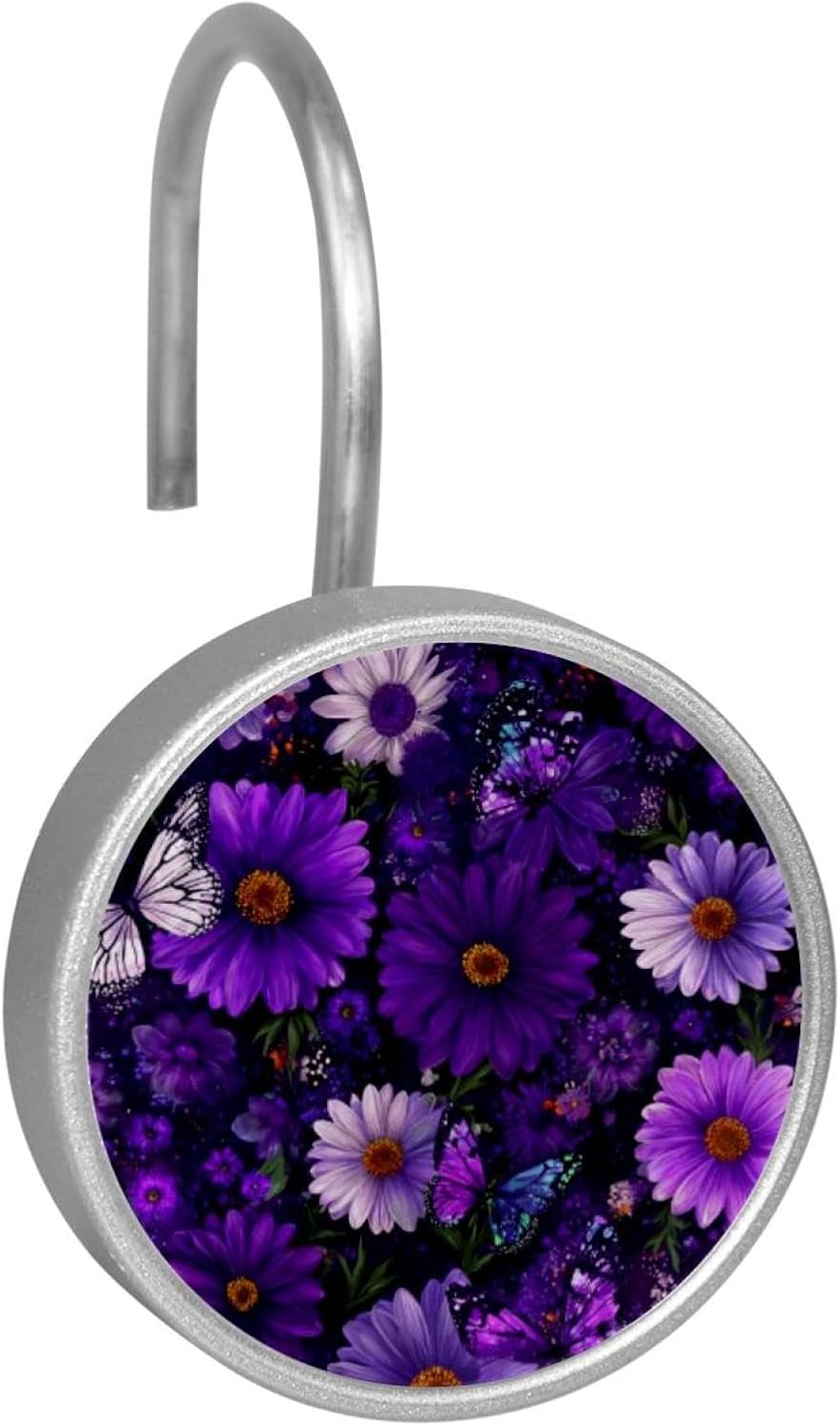 12PCS Daisy Butterflies Purple (1) Shower Curtain Hooks Metal Rust Resistant Decorative Shower Curtain Hooks Bathroom Decorations