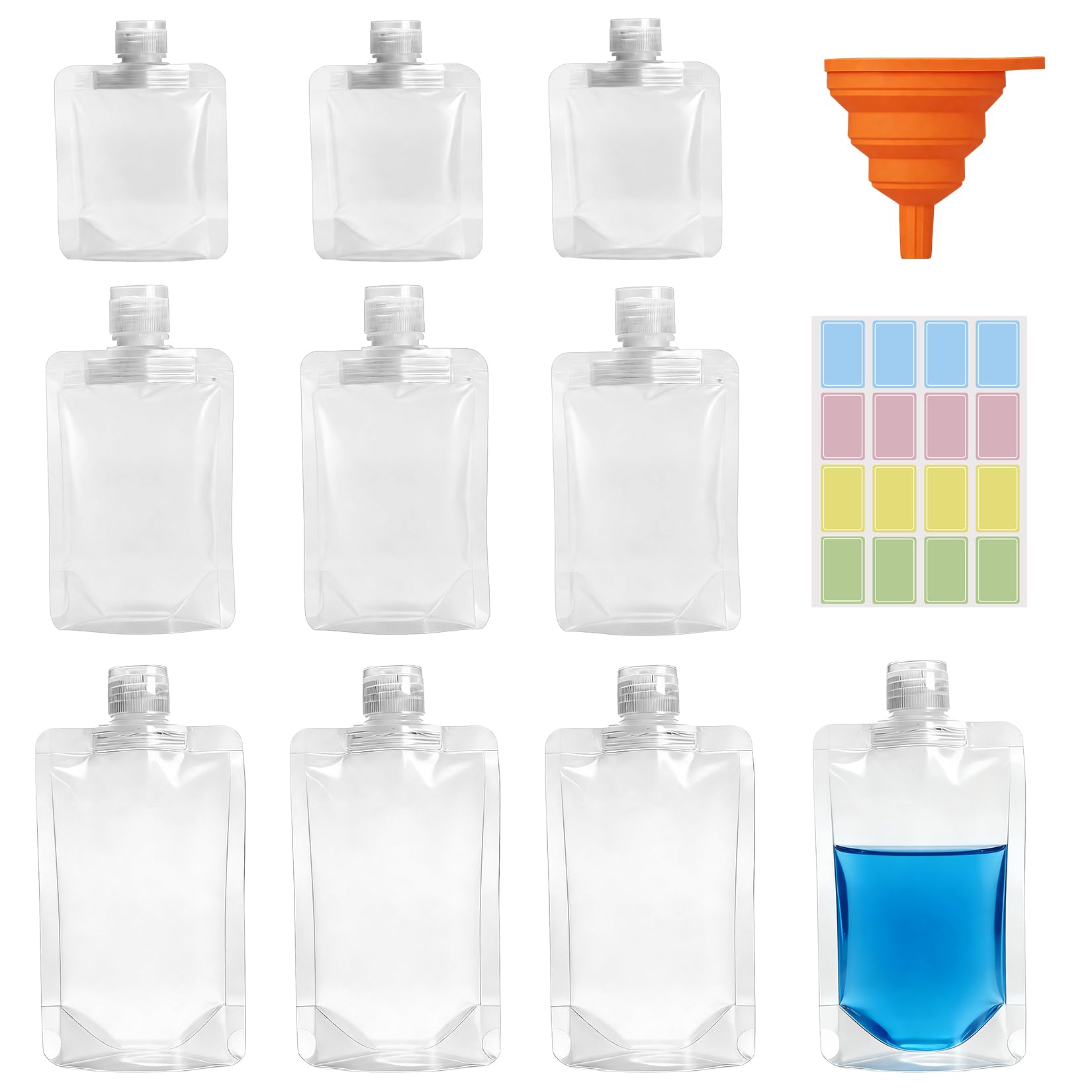 20 Pcs Sachets de Recharge pour Gel Douche, 30ml 50ml 100ml Recharges de Savon Liquide de Voyage pour Shampoing, Gel Douche, Lotion, Trousses de Voyage, avec Entonnoir en Silicone, étiquette