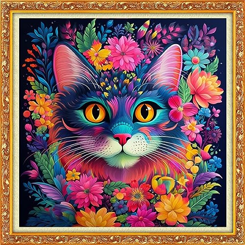 Image of Foxhool Beginners Cross Stitch Kits Stamped Full Range of Embroidery Kits for Adults DIY Cross Stitches kit Embroidery Patterns for Needlepoint kit-Colorful Flower Cat 17.7x17.7 inch