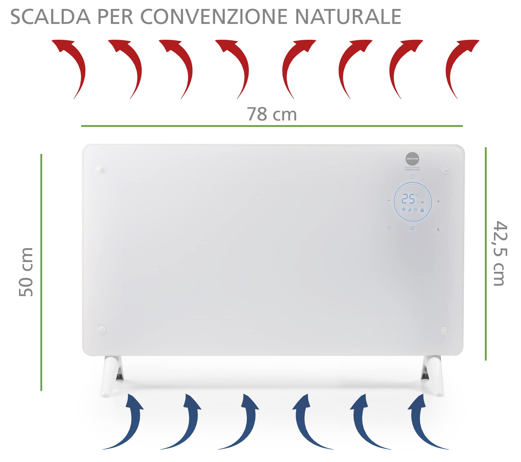 MACOM, Elegante Termoconvettore in vetro temperato,riscaldamento rapido, 1000/2000 W, Tlc, timer 24h, termostato ambiente, montaggio a parete con staffe in dotazione, Enjoy & Relax 937 Thermo Glass