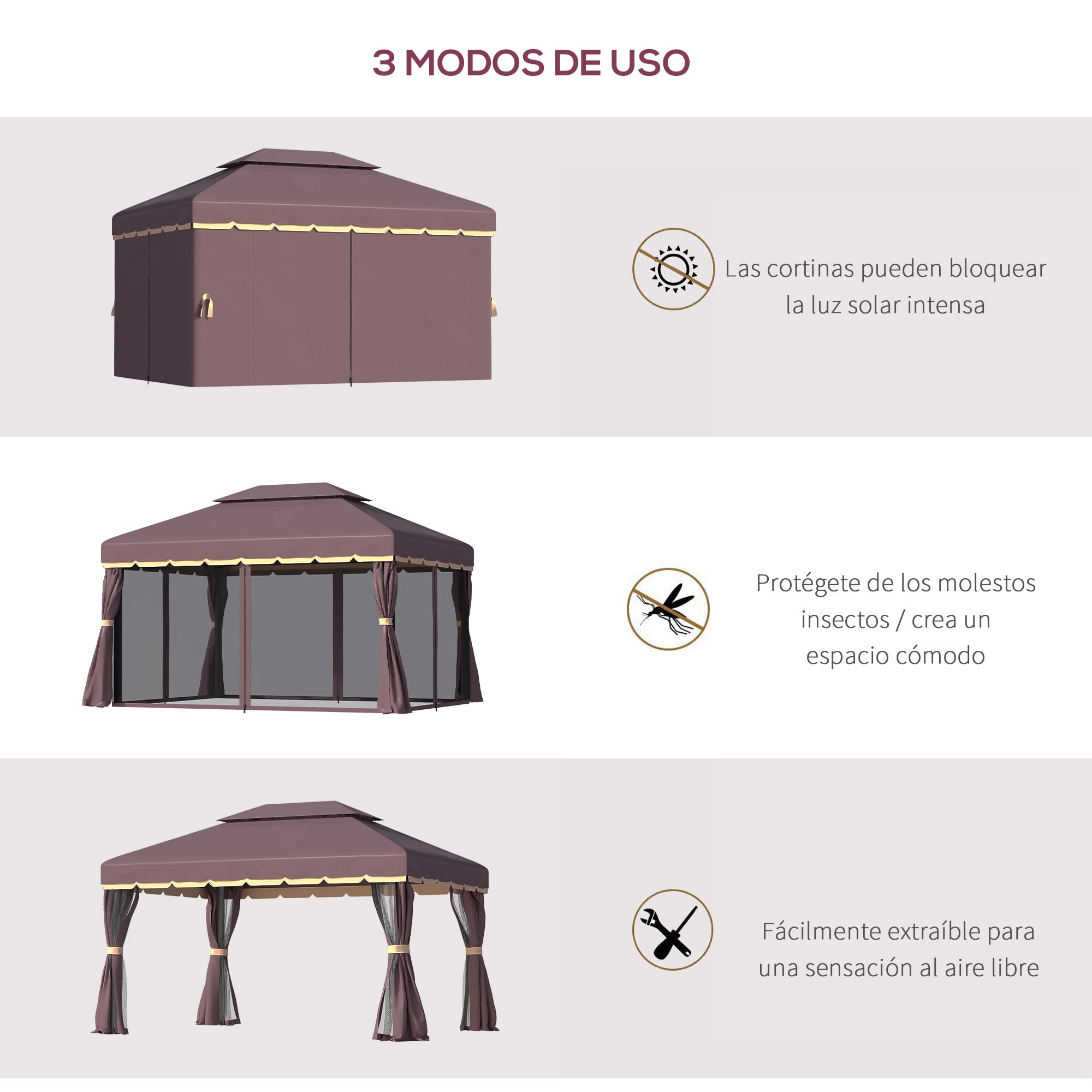 Outsunny Cenador de Jardín 4x3 m Gazebo de Aluminio con Techo de Ventilación 4 Cortinas Laterales 4 Mosquiteras y 8 Orificios de Drenaje para Fiestas Eventos Exterior Café