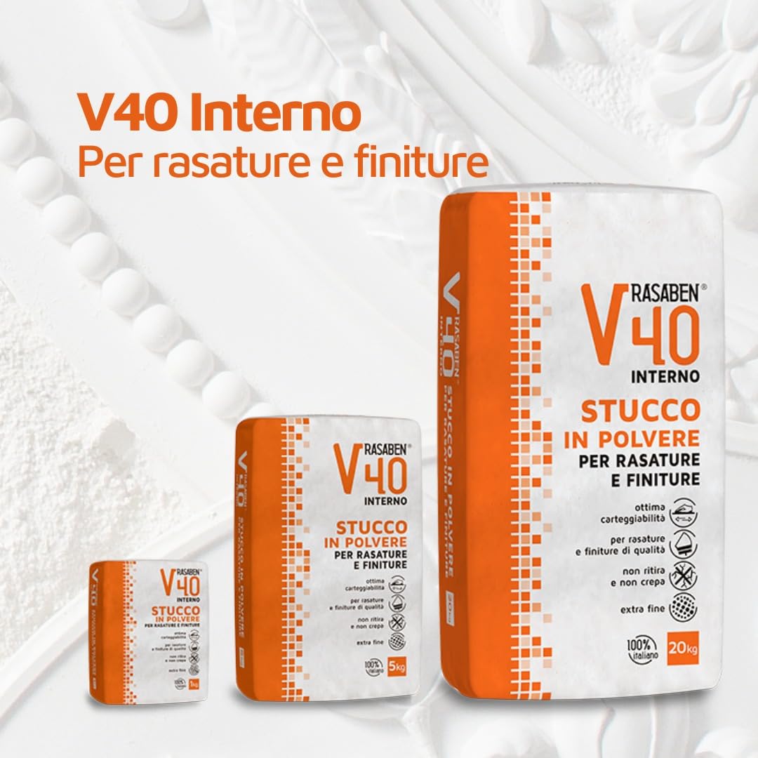 RASABEN - Stucco in Polvere V40 Extra Fine a Base di Gesso per Rasature e Finiture, Ottima Carteggiabilità, Non Ritira o Crepa, per Muri Interni e Cartongesso, Made in Italy, Sacco da 20kg