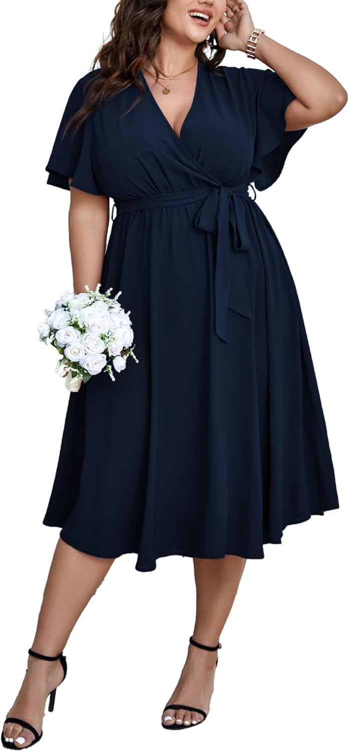 SCOMCHIC Womens Plus Size Wedding Guest Cocktail Midi Dress Summer Short Sleeve Wrap V Neck Belted A-Line Flowy Dress
