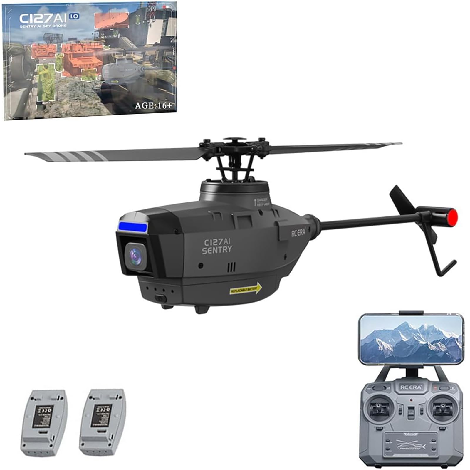 C127AI Scout Drone RC Helicopter z kamerą 1080P dla dorosłych, 2.4G 4CH zdalnie sterowany helikopter z 6-osiowym żyroskopem optycznym pozycjonowaniem przepływu,2 batteries