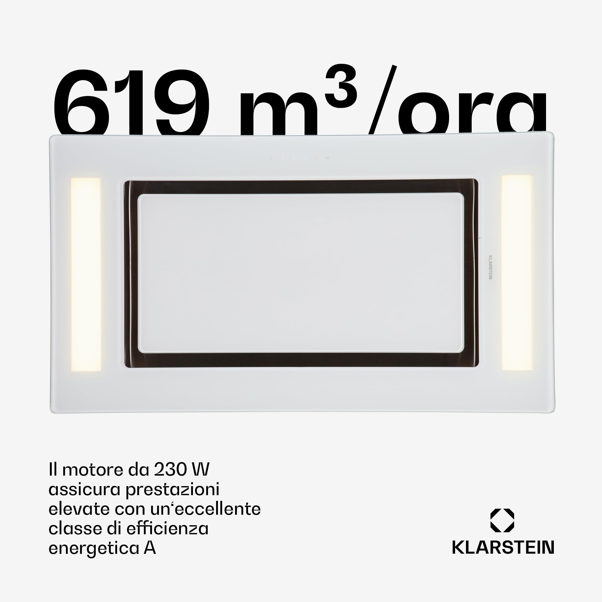 Klarstein Remy - Cappa Cucina, Cappa Aspirante ad Incasso, Controllo Touch, Cappa ad Isola, Illuminazione Piano Cottura, LED, Fino a 620 m³ / h, Telecomando, 90 cm, Bianco