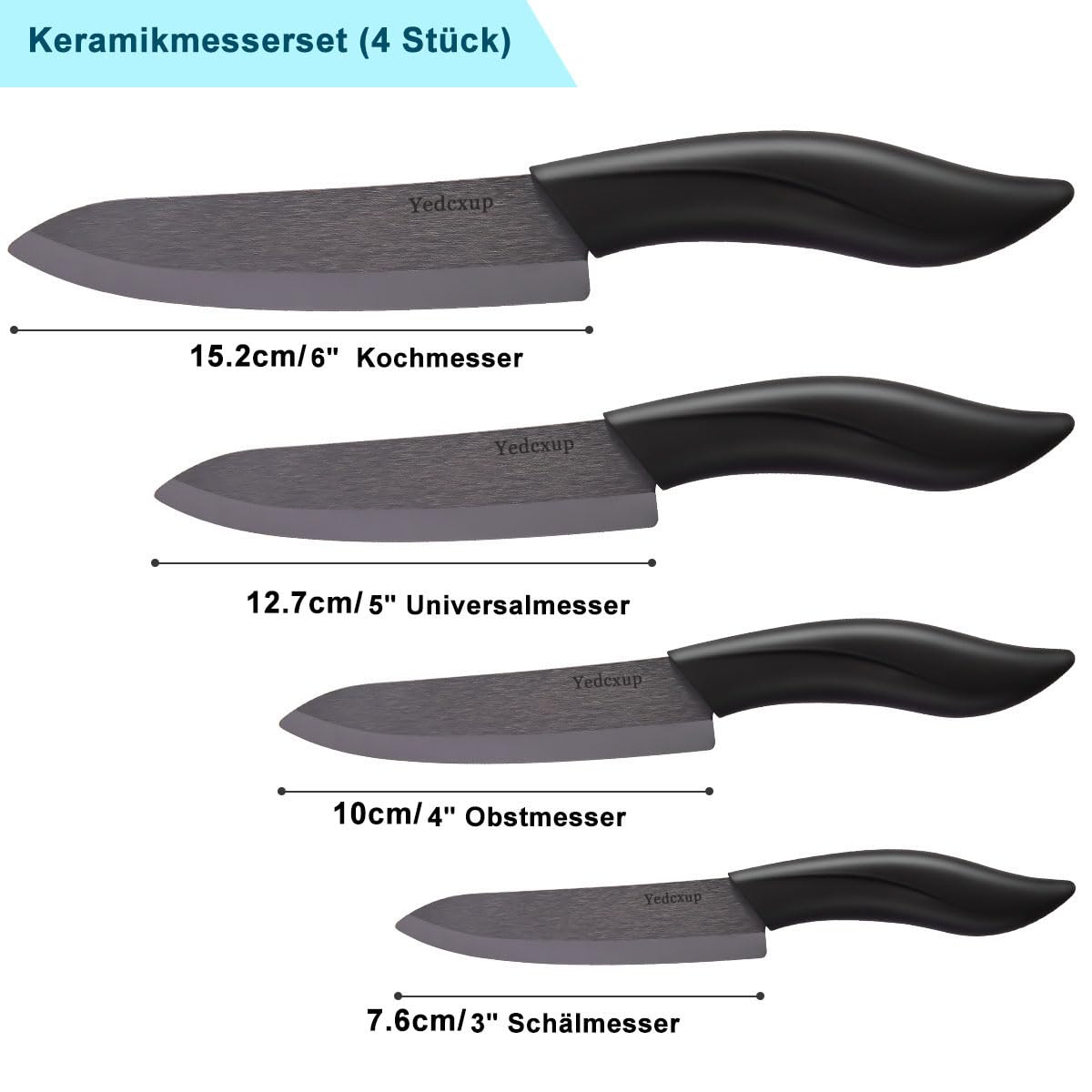 Coltello in ceramica da cucina – 4 coltelli in ceramica (6" Chef, 5" Utility, 4" Frutta, 3" sbucciata), taglienti, coperture protettive, non arrugginiscono, nero
