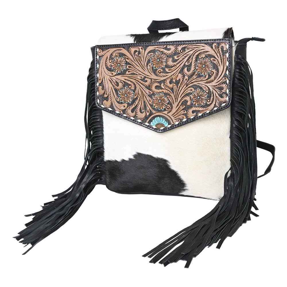 OHLAY Backpack Hand Tooled Upcycled Canvas Hair-On Genuine Leather Women Bag Western Handbag Purse | Womens Western Handbags | Leather Belt Bag for Women | Womens Handbags Summer