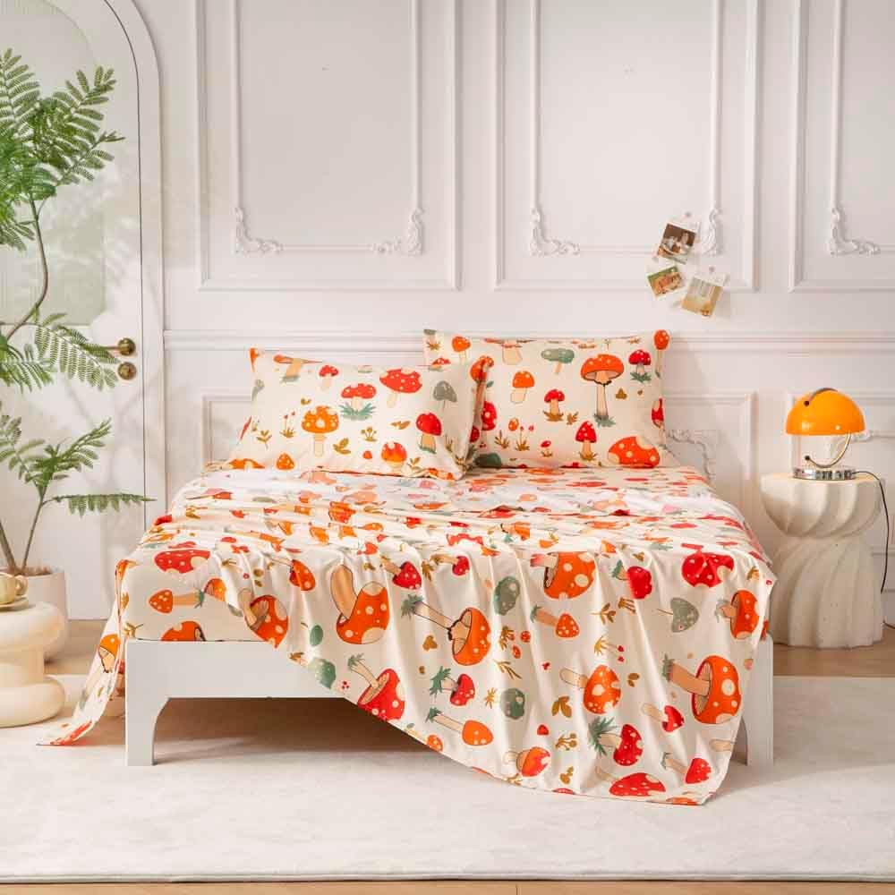 SDY 4PCS Mushroom Bed Sheets Set Queen Size,Super Cozy Soft Microfiber Bedding Sheet for Boys, Girls, Kids and Toddler with 1 Fitted Sheet+ 1 Top Flat Sheet + 2 Pillowcases