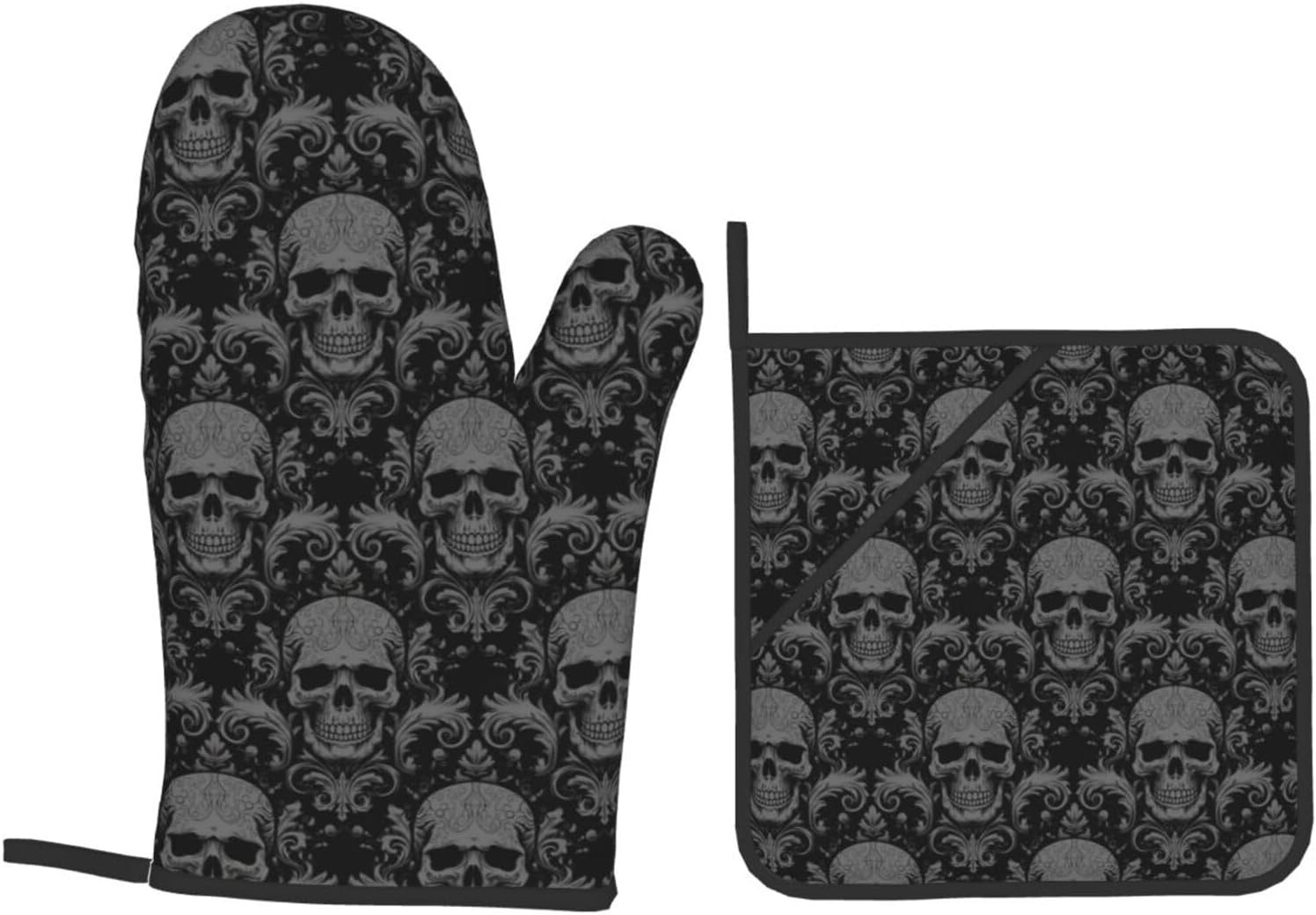 Gothic Skull Black Oven Mitts and Pot Holders Set of 4, Heat Resistant Non-Slip Kitchen Gloves and Hot Pads for Cooking Baking BBQ