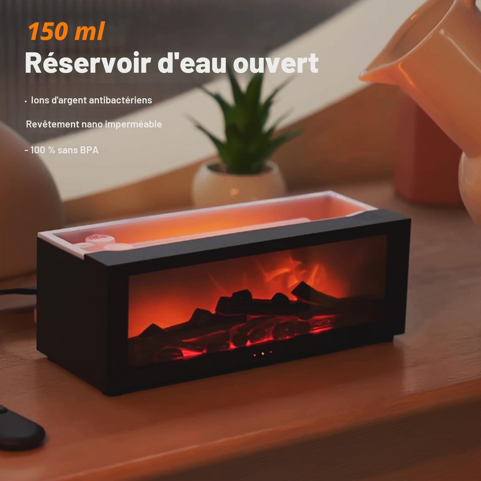 WingFly Diffuseur de cheminée avec 7 lumières de couleur, diffuseur d'huiles essentielles de 150 ml avec minuterie et arrêt automatique sans eau pour la maison ou le yoga (noir)