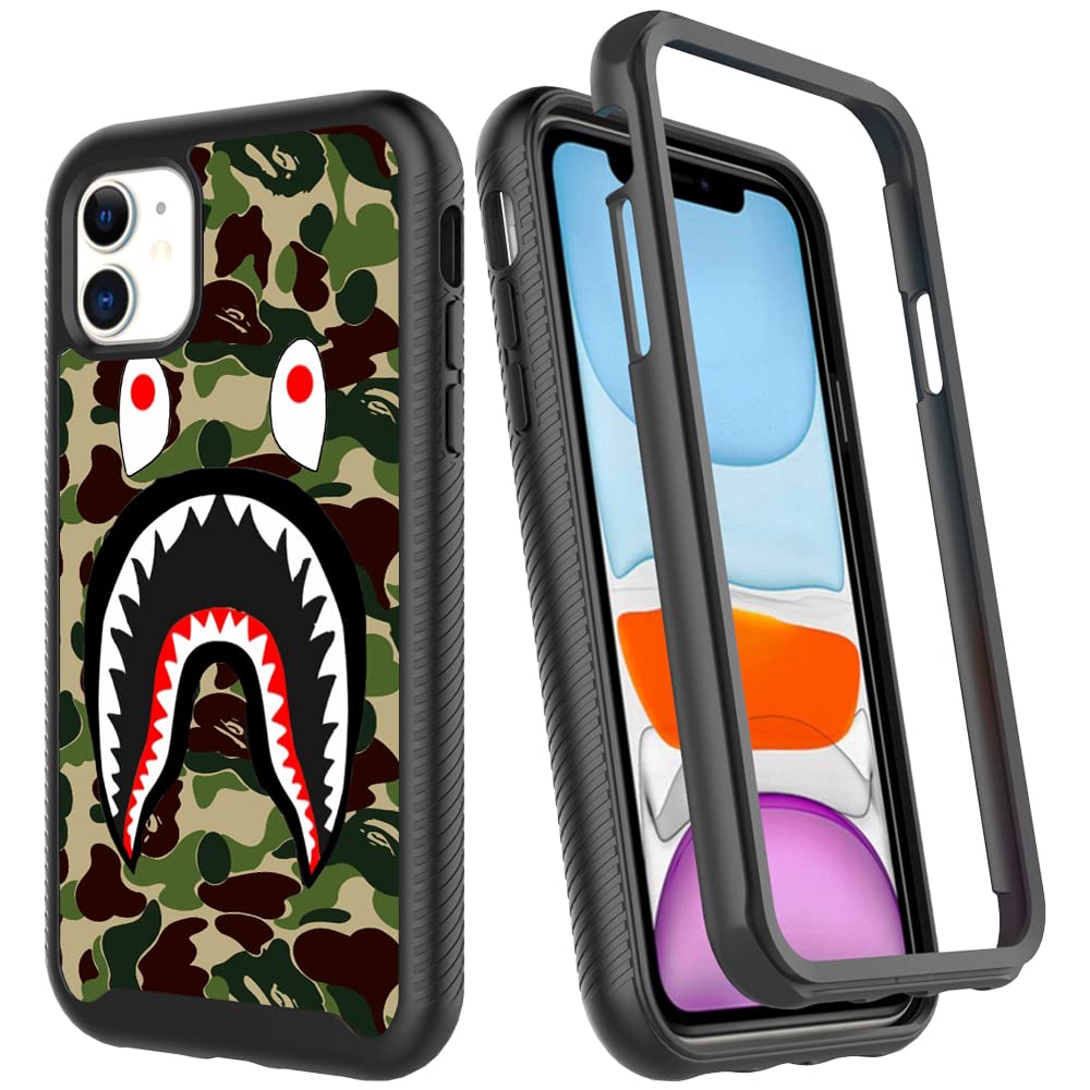 Street Fashion Cool Army Green Shark Design Compatible iPhone 12 Case/12 Pro Case for Boy Man,Luxury Shockproof Rugged Cover Dual Layer Soft TPU + Hard PC Bumper Full-Body Protective Case