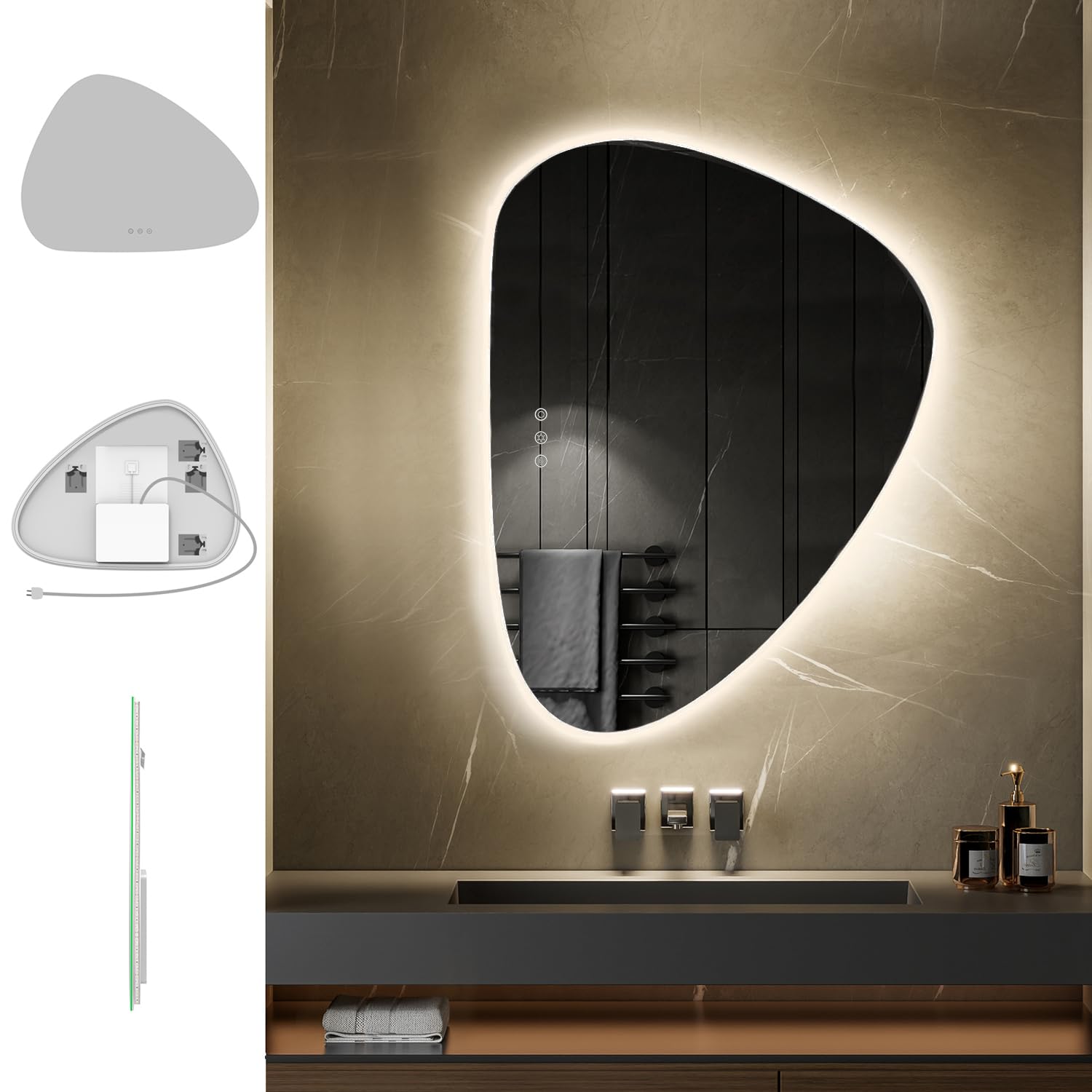 SANIVERRE GALEO Miroir Organique LED Lumineux 60 x 80 cm Tactile Anti-buée + intensité & Couleurs réglables + mémoire - réversible asymétrique