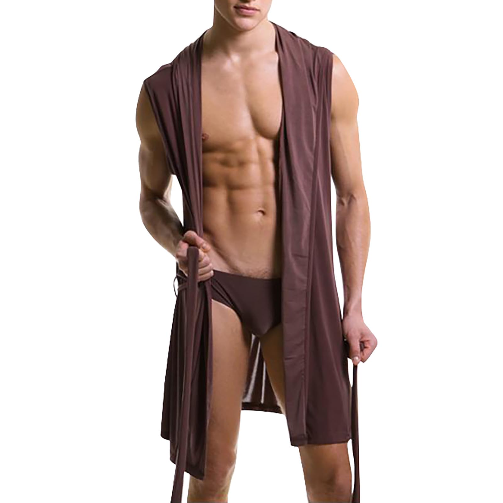 Genérico Bata de Hombre Verano Kimono de Satén Bata Sexy Gorro Baño Larga para Casa Pijama Seda Pijamas para Hombre sin Mangas
