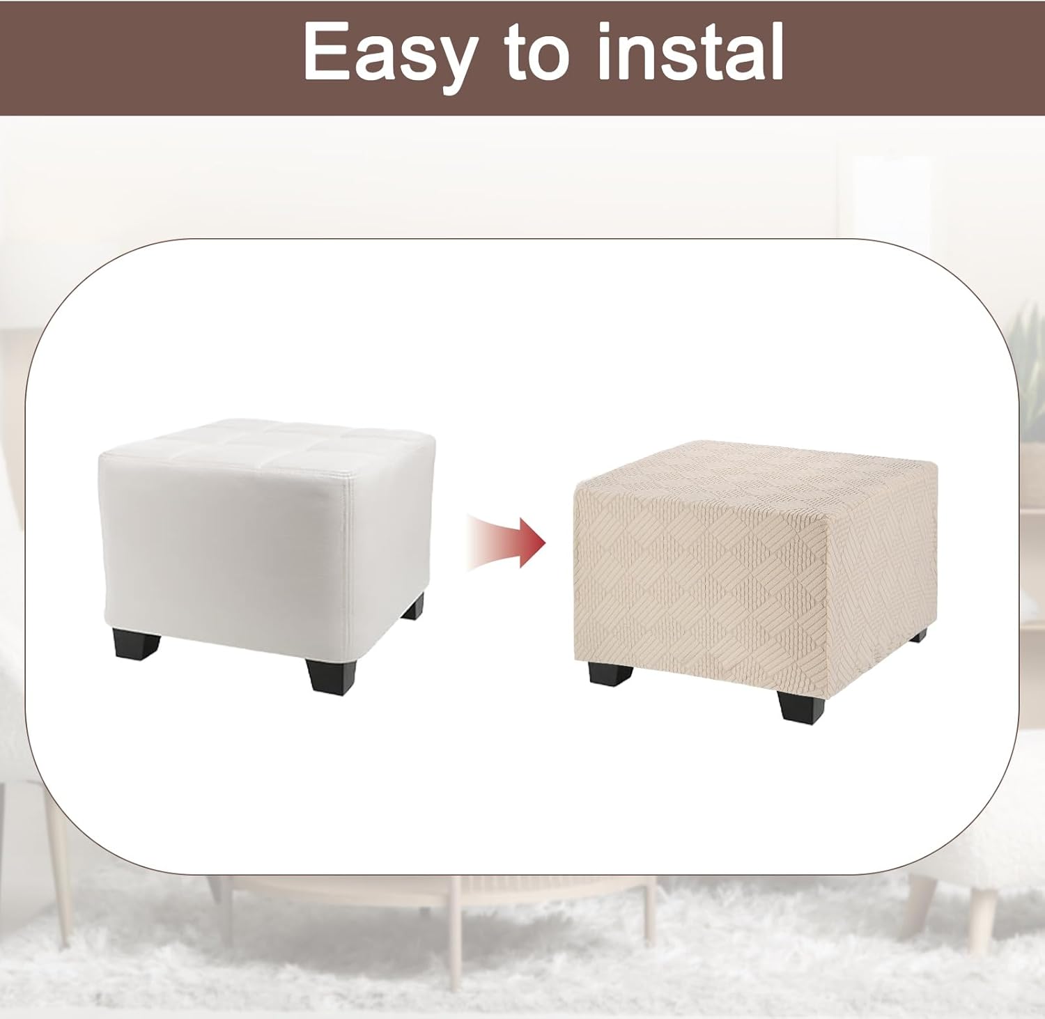 uxcell Stretch Foot Stool Cover Stripe Square Foot Stool Slipcover with Elastic Furniture Protector for Living Room Bedroom Fit Length 85-95cm / 33"-37", Large, Khaki