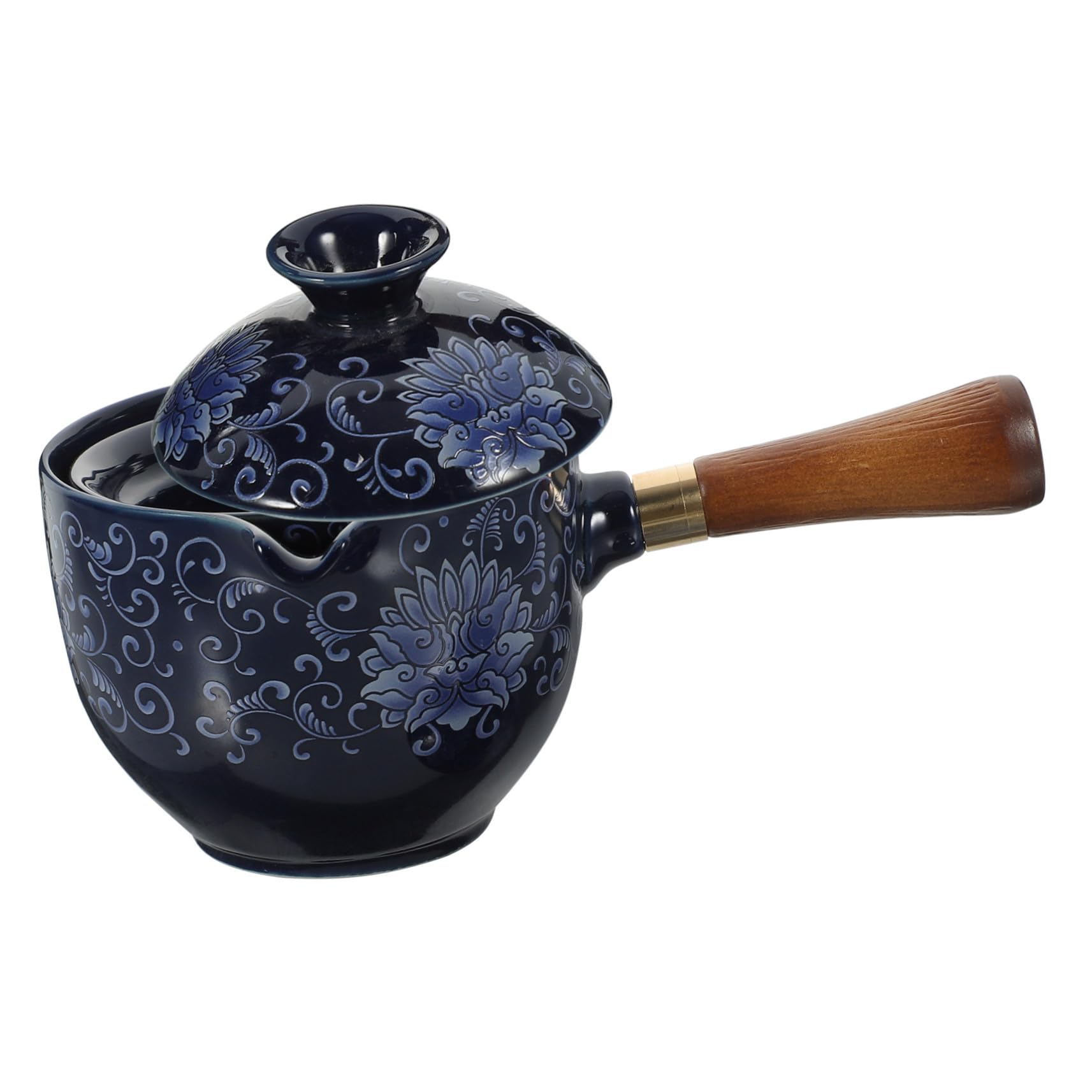 Tetera Giratoria China de Cerámica Asa Lateral 290 Ml | Color Azul Marino, Tapa de Madera, Diseño de Rotación 360 Grados, Uso en Mesa de Oficina y Escritorio