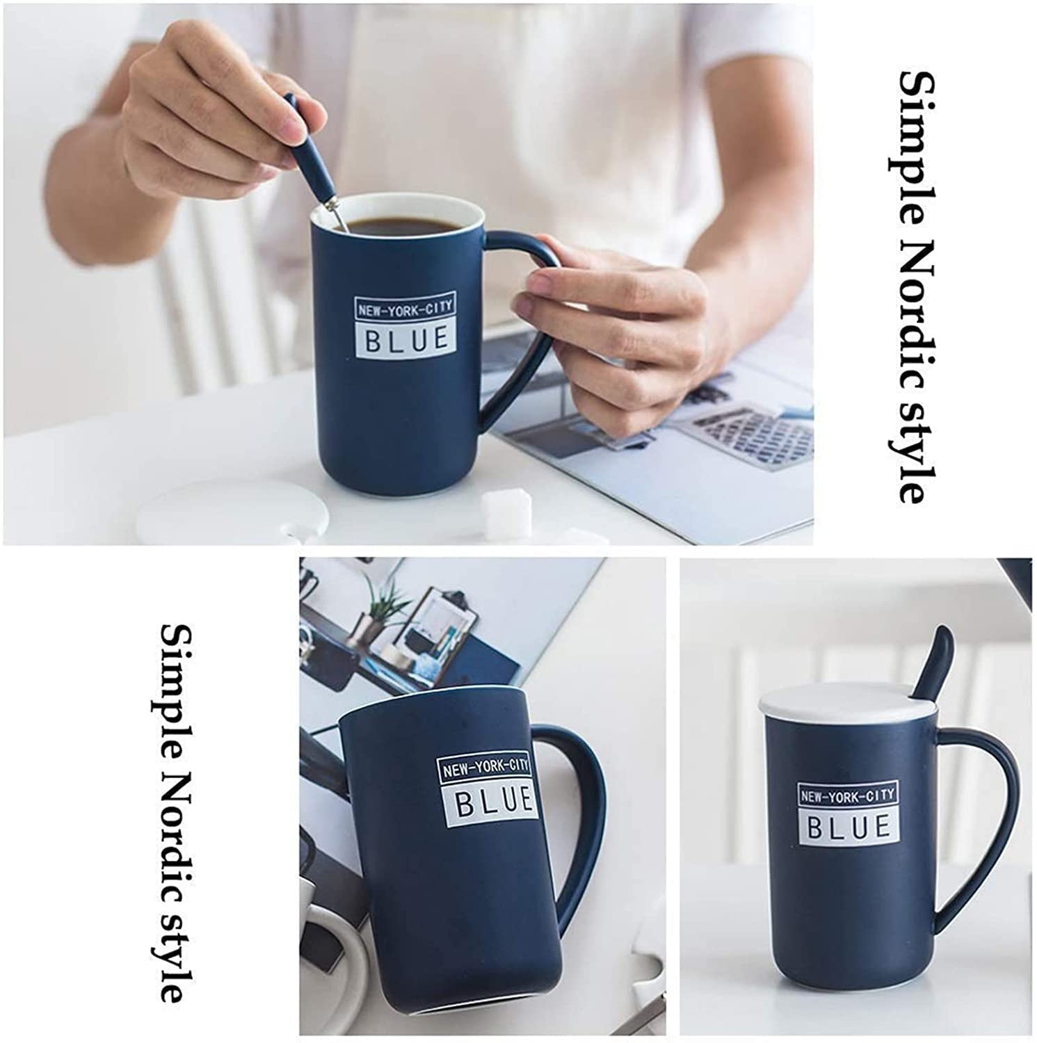 Tazza da caffè in Ceramica Grande capacità Semplice Tazza di Latte di tè for Ufficio e casa Migliore Regalo 450ml / 15.8oz Blu con Coperchio e Cucchiaio (Color : A)