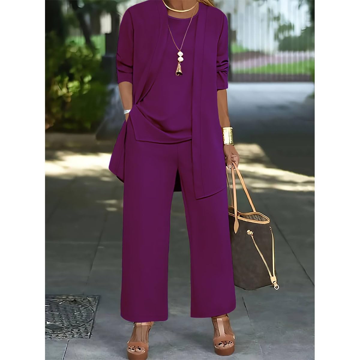 Elegante set da 3 pezzi con cardigan lungo e pantaloni, completo da viaggio per invitati a nozze da donna
