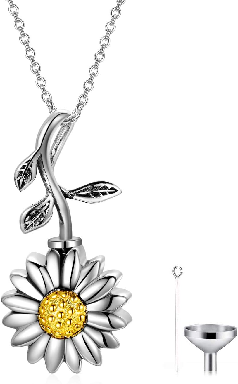 Personalized Sunflower Cremation Jewelry 925 Sterling Silver Urn Necklace Keepsake Ashes Hair Memorial Pendant Locket for Women Mom