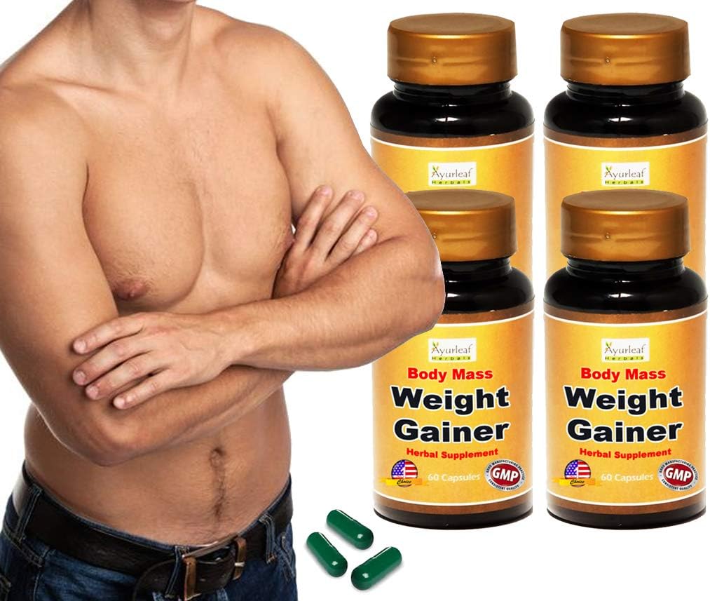 Ayurleaf Weight Gainer - Men's Weight Gain Formula. Mass Gainer Gain weight pills for men - 1, 2, 3 or 4 Bulk Packs - Helps skinny men gain body mass. Fast Weight for Men. ((4) Four Bottles Bulk Pack)