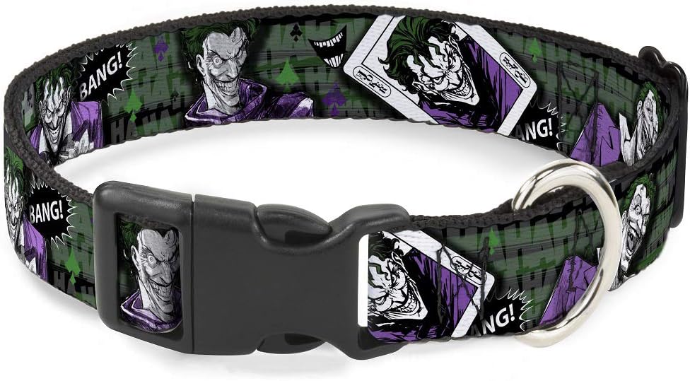 DC Comics Pet Collar, Dog Collar Plastic Buckle, Joker Poses Joker Card Haha Smile Bang Gray Green Purple, 13 to 17 Inches 1.5 Inch Wide