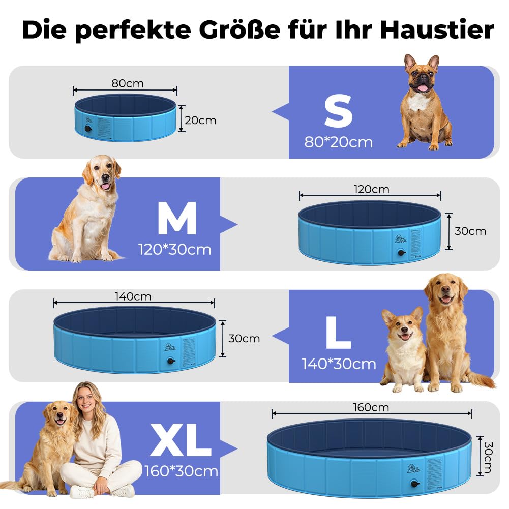 KYG Hundepool große Hunde 160x30cm – faltbar, stabil, rutschfest, einfache Entleerung, mit Ablassventil & 4 Flicken – Hunde Planschbecken für alle Hundegrößen, für den Außenbereich