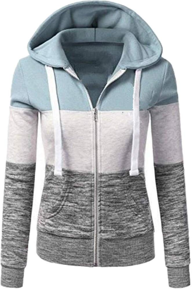 Hoodies for Women Color Block Hooded Sweatshirt Basic Zip-Up Jersey Jacket Long Sleeve Top with Pockets Plus Size