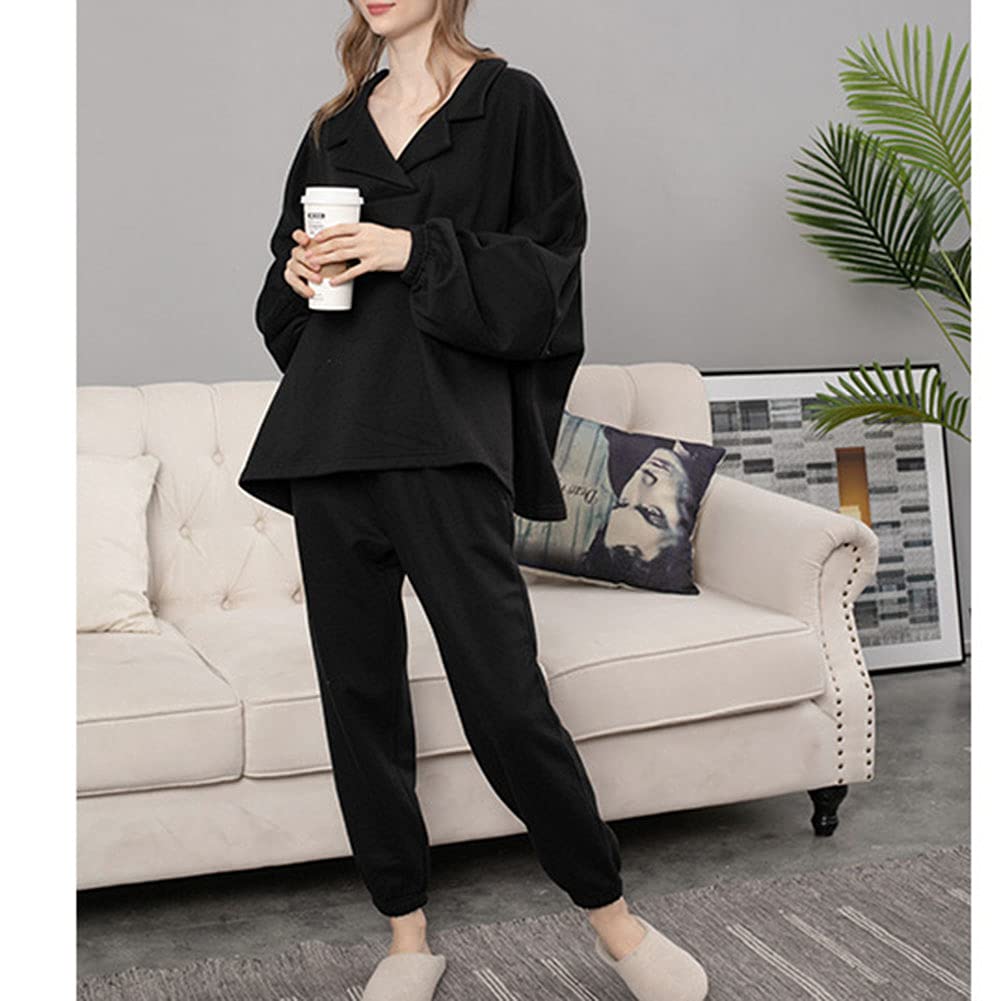 Donna Set Pigiama a Tinta Unita Larghi Indumenti da Notte Caldi Casuali Abbigliamento da casa Felpe con Cappuccio e Pantaloni con Coulisse Morbido da 2 Pezzi Pigiameria da Notte