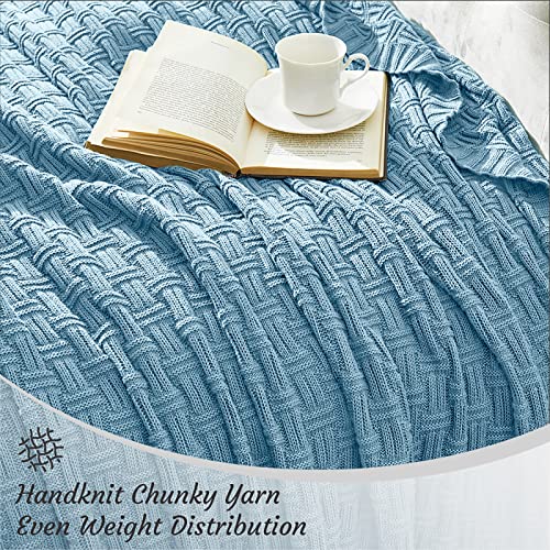 Image of TREELY 100% Cotton Knitted Throw Blanket 31 x 40 Inches, Teal Blue