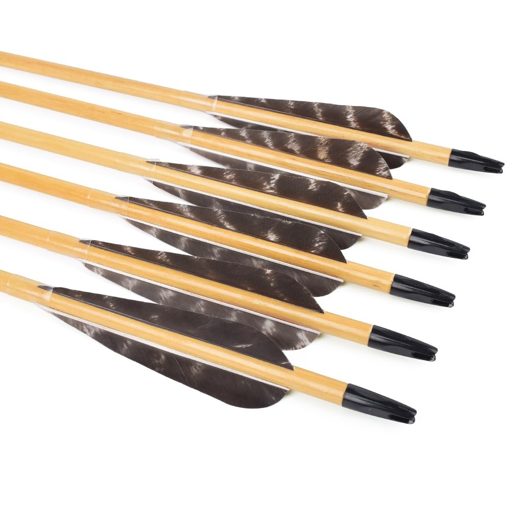 12 pièces 81 cm de flèches en bois avec 10 cm de plumes naturelles Flèches pour tir à l'arc Flèches en bois Flèches de chasse fabriquées à la main pour arc traditionnel Arc recurve Arc long