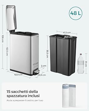 SONGMICS mutfak çöp kutusu, 48 litre, dar, çöp kutusu, dar alanlar için pedallı çöp kutusu, yavaş kapanan kapaklı ve iç kovalı mutfak çöp kutusu, paslanmaz çelik, 15 çöp torbası dahil, gümüş